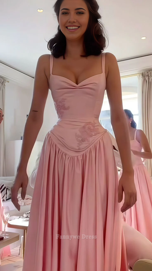 A-Line Elegant Spaghetti Straps Pink Long formal dresses Bridesmaid Dresses evening gown Prom Dress