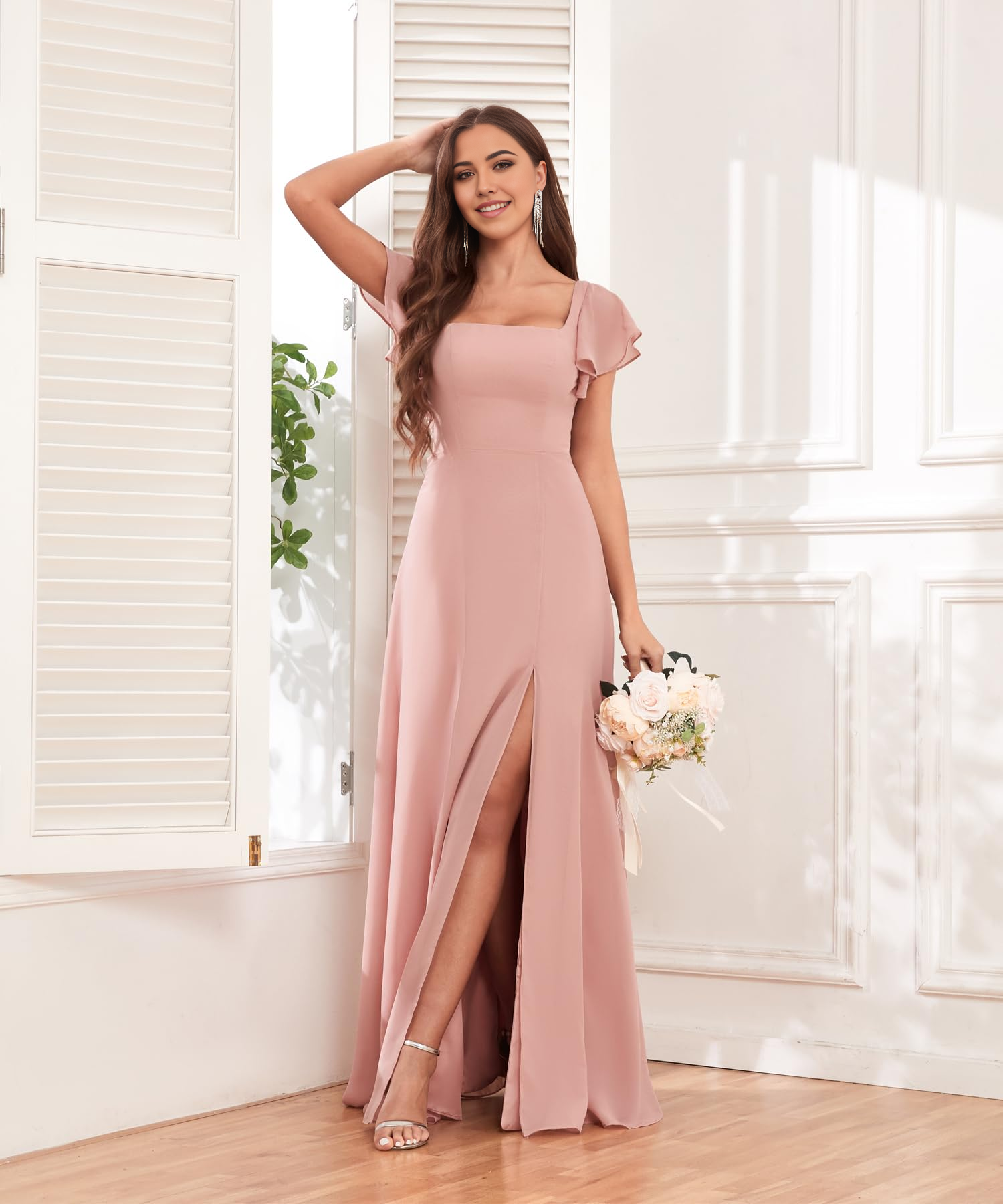 A Line Chiffon Sleeves formal dresses Bridesmaid Dresses evening gown Prom Dress with Slit