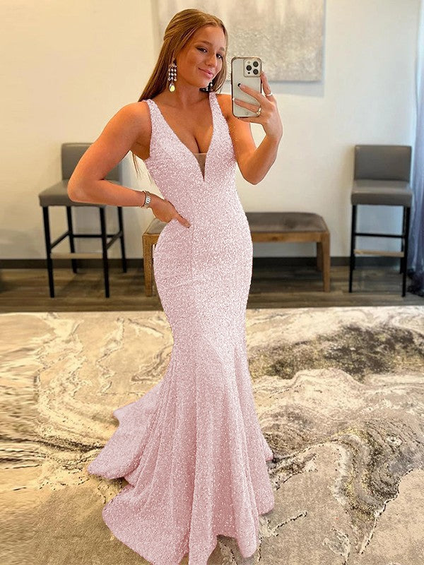 Sheath/Column Velvet Sequins Ruffles V-neck Sleeveless Sweep/Brush Train Dresses