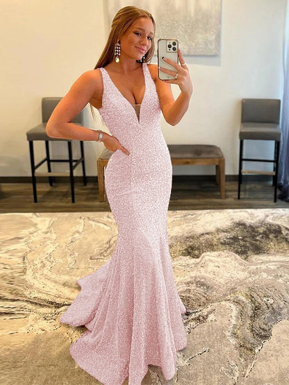 Sheath/Column Velvet Sequins Ruffles V-neck Sleeveless Sweep/Brush Train Dresses