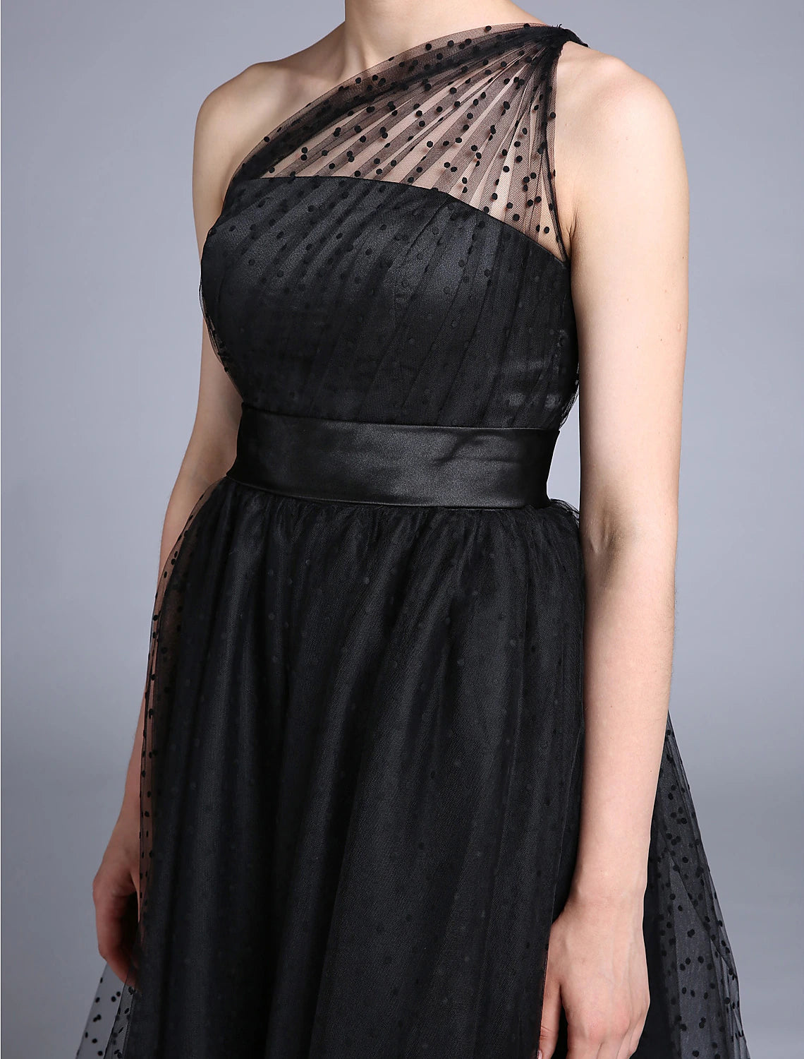 Vestidos de cóctel de corte A, vestido de los años 50, para invitada de boda, largo hasta los tobillos, sin mangas, un hombro, Miércoles de la Familia Addams, tul con pliegues, estampado/estampado