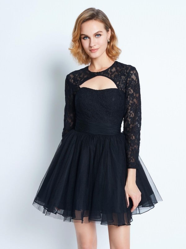 A-Line Net High Neck Long Sleeves Short/Mini With Lace Dresses