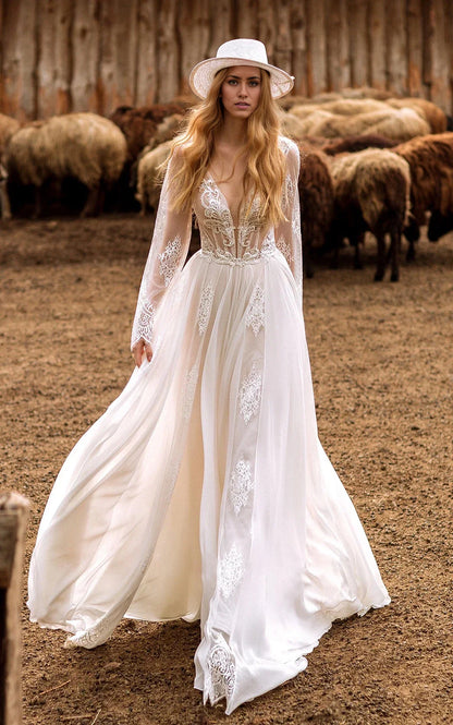 A-Line Boho Lace Sleeves Plunging Neckline Sweep Train Wedding Dress