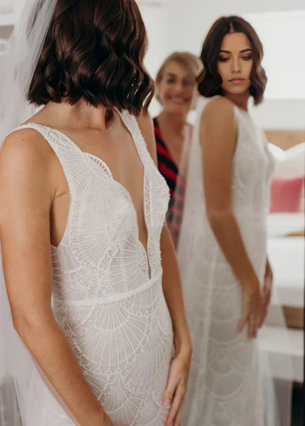 Bohemian Mermaid V-Neck Backless Lace Bridal Gowns wedding Dresses