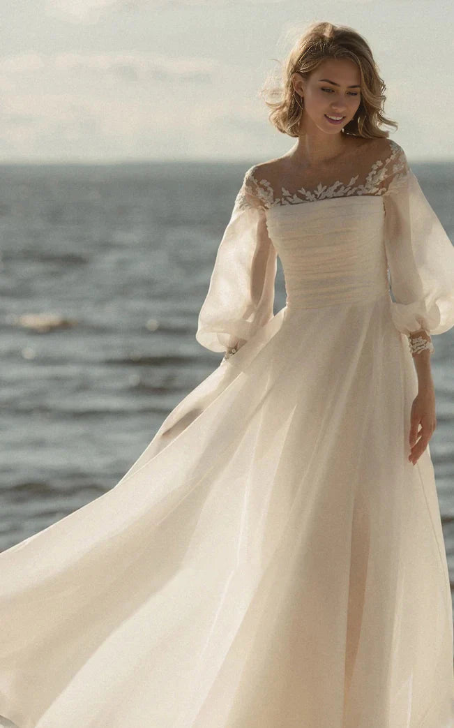 Vestido de novia de corte A, sencillo, de playa, con encaje de organza, cremallera hasta el suelo, espalda en V baja y mangas transparentes