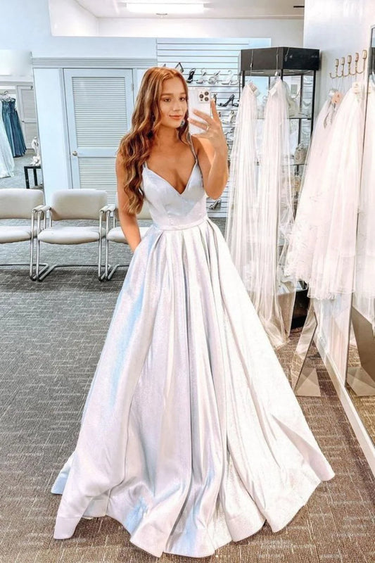 A Line Spaghetti Straps Silver Long Prom Dress Party Dress