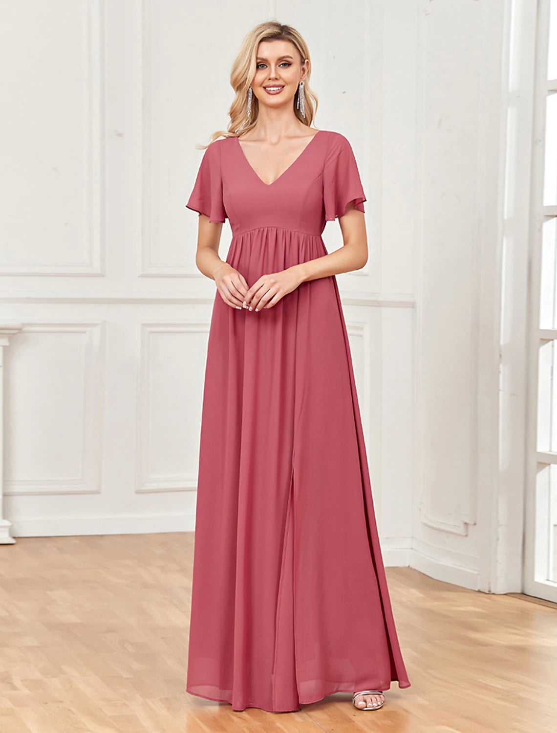 A-Line Evening Gown Empire Dress Party Wear Floor Length Short Sleeve V Neck Chiffon V Back with Slit