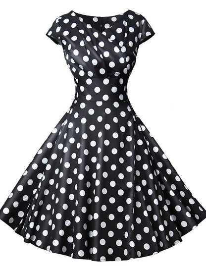 A-Line Party Dresses Vintage Dress Christmas Knee Length Short Sleeve V Neck Polyester with Pattern / Print Polka Dot