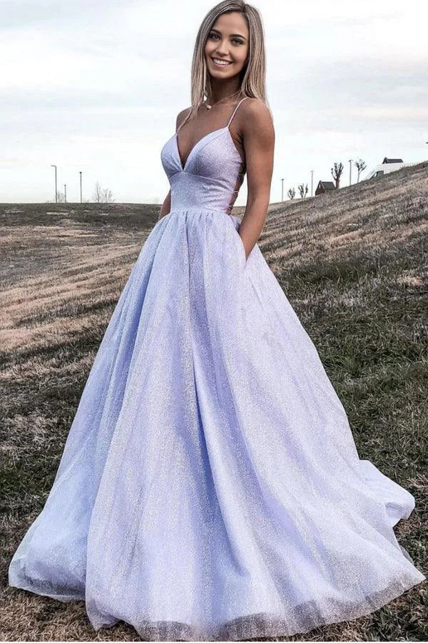 A Line V Neck Tulle Shiny Lavender Prom Formal Dress With Pocket