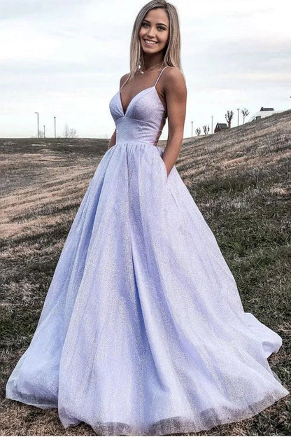 A Line V Neck Tulle Shiny Lavender Prom Formal Dress With Pocket