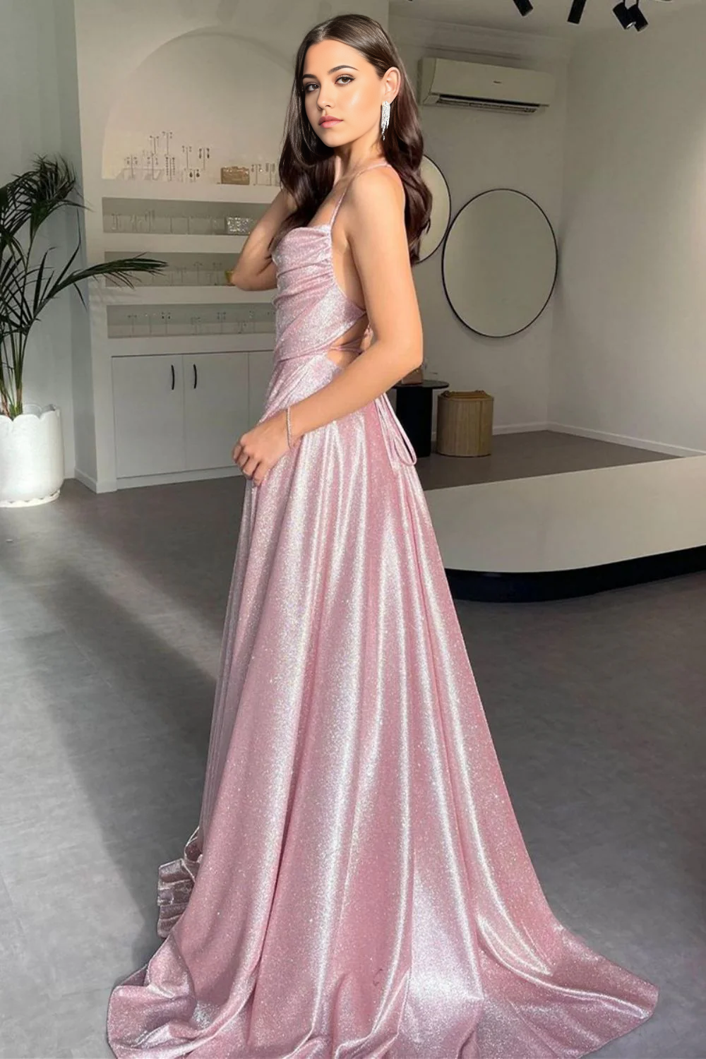 A Line Simple Spaghetti Straps Pink Long Prom Dress with Split Front