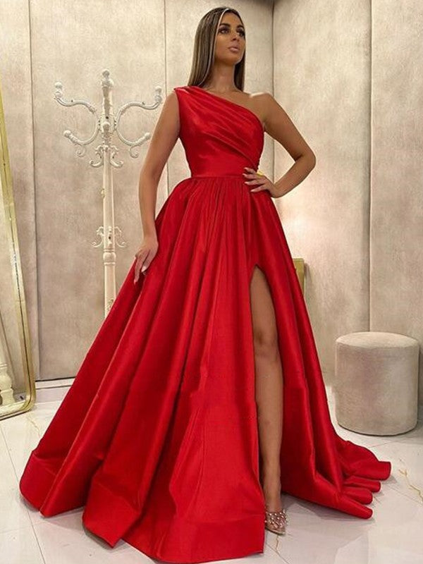 Vestidos de satén con volantes, corte A, un hombro, sin mangas, con cola larga