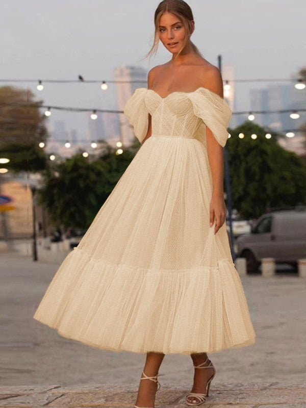 A-Line/Princess Tulle Ruffles Off-the-Shoulder Sleeveless Tea-Length Homecoming Dresses