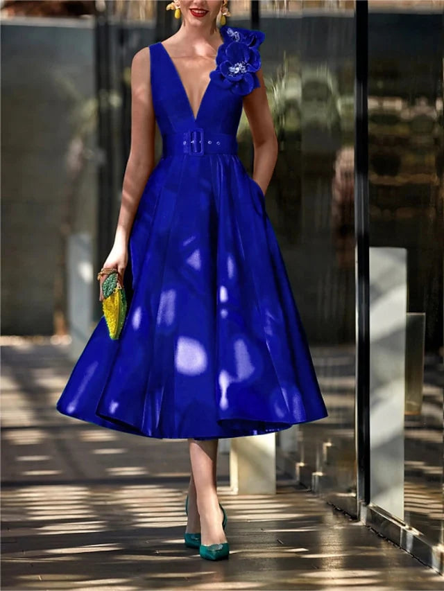 Vestidos para madre de la novia con corte en A, escote en V, sin mangas, apliques, largo hasta la rodilla