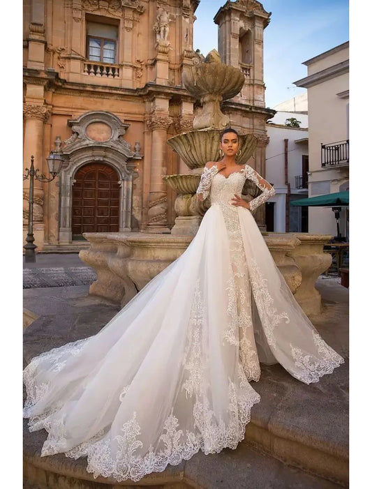 Engagement Formal Wedding Dresses Two Piece Sweetheart Long Sleeve Court Train Lace Bridal Gowns With Appliques