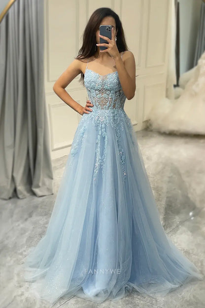 A Line Spaghetti Appliques Straps Tulle Long Fuchsia formal dresses Bridesmaid Dresses evening gown Prom Dress