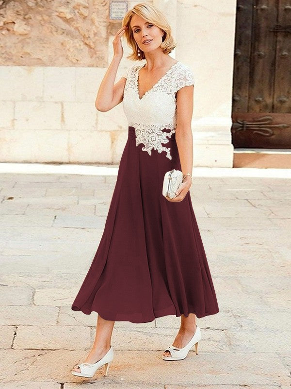 A-Line/Princess Chiffon Applique V-neck Short Sleeves Tea-Length Mother of the Bride Dresses