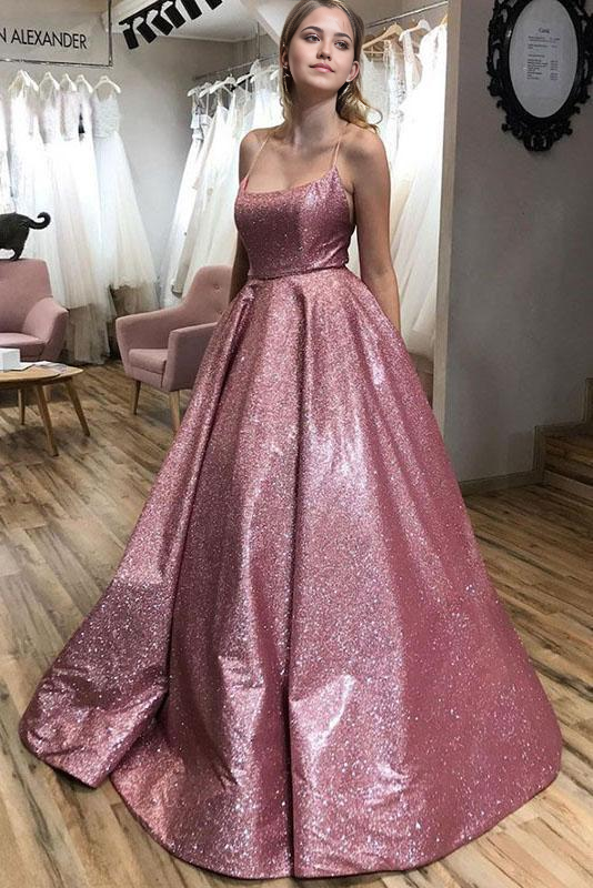 A line Sequins Backless Spaghetti Straps Pink formal dress Evening Prom Dresses