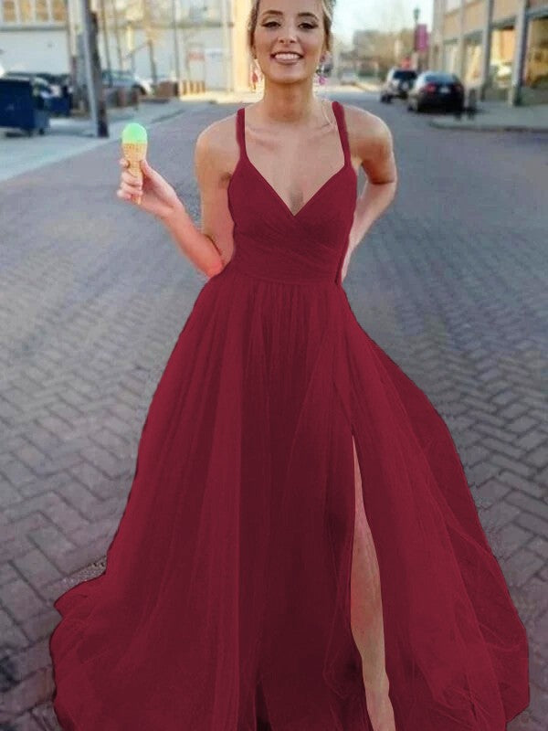 Vestidos de corte A/princesa sin mangas de tul con escote en V fruncido y cola larga