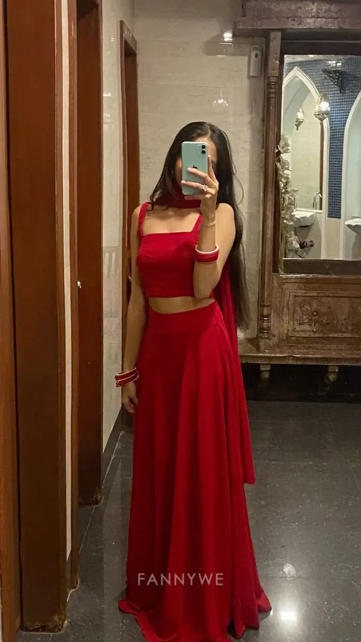 Two Piece A-Line Square Neck Charming Red Long formal dresses Bridesmaid Dresses evening gown Prom Dress