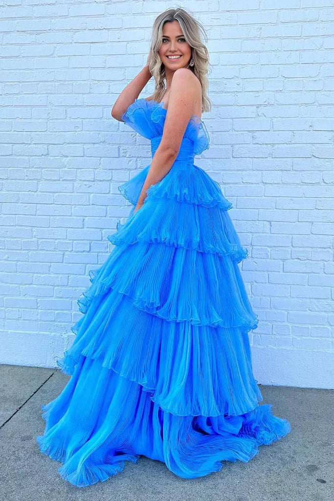 A Line Strapless Charming Long Prom Dress with Ruffles