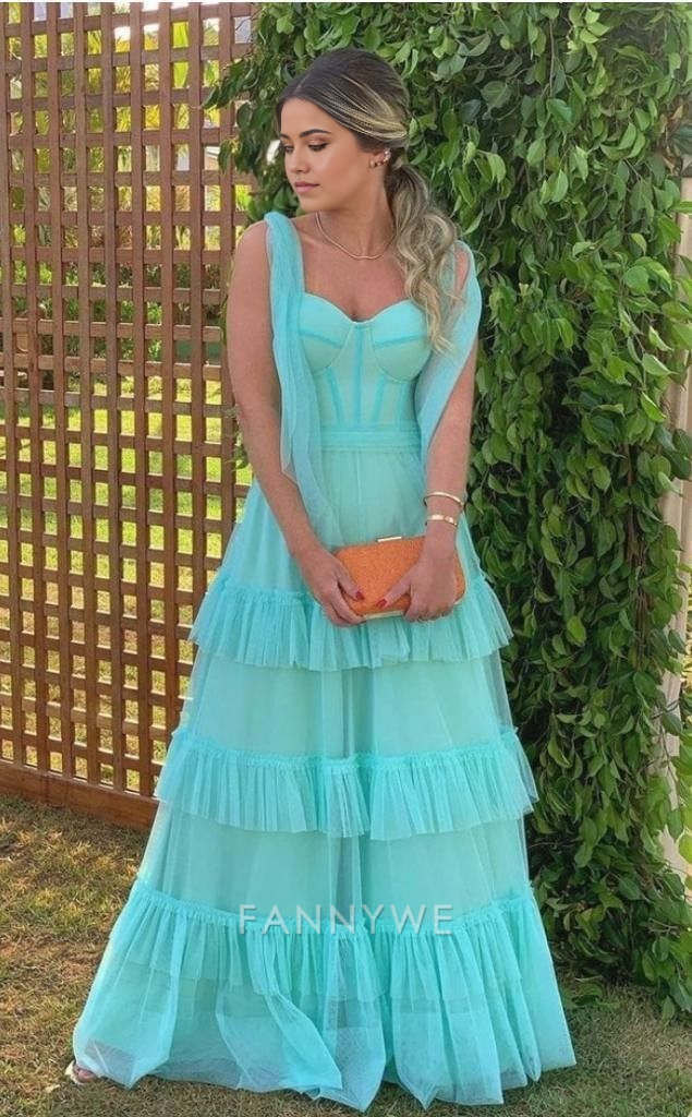 A-Line Elegant Sweetheart Tulle Tiered Blue Long formal dresses Bridesmaid Dresses evening gown Prom Dress