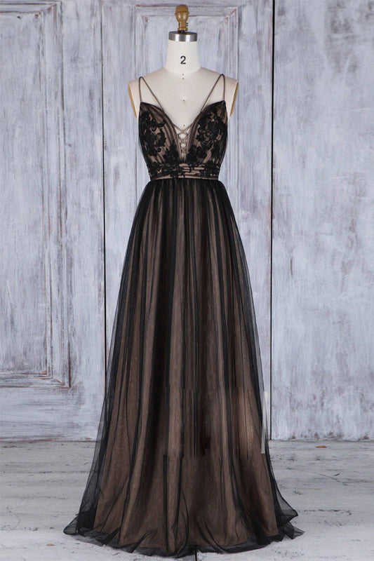 V neck lace tulle long prom dress