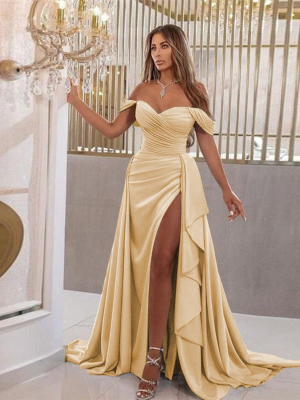 Sheath/Column Jersey Ruched Off-the-Shoulder Sleeveless Sweep/Brush Train Dresses