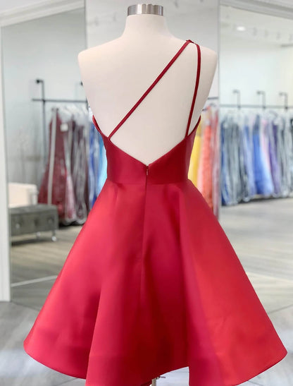 Vestido de fiesta de corte A, sin espalda, corto/mini, sin mangas, de satén con un solo hombro y apliques