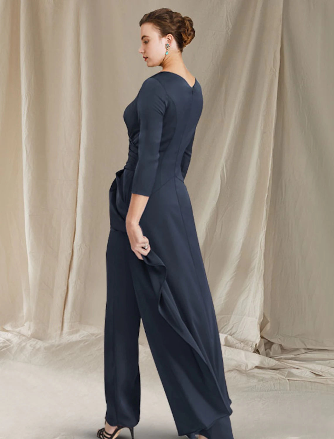 Jumpsuit / Pantsuit Mother of the Bride Dress Elegant V Neck Floor Length Chiffon 3/4 Length Sleeve with Ruched Ruffles