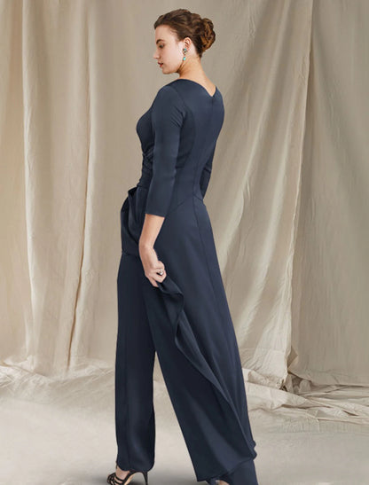 Jumpsuit / Pantsuit Mother of the Bride Dress Elegant V Neck Floor Length Chiffon 3/4 Length Sleeve with Ruched Ruffles