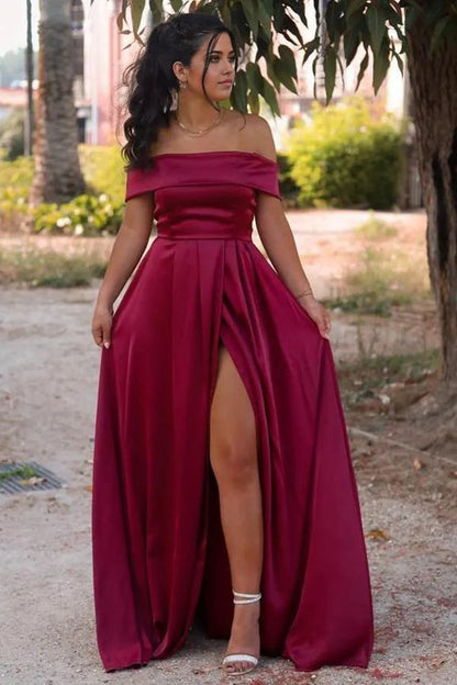 A-line Off-the-shoulder Neckline Satin Prom Dresses Evening Dresses