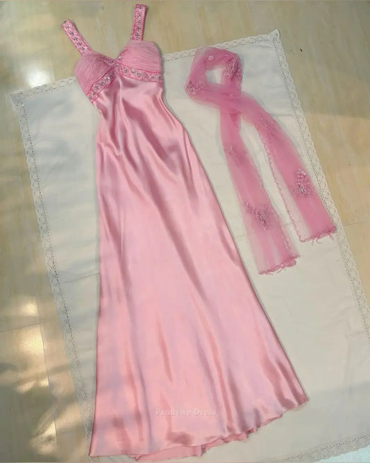 Sheath Vintage Satin Beading Pink Straps Long formal dresses Bridesmaid Dresses evening gown Prom Dress