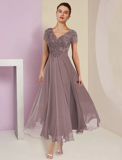 Two Piece A-Line Mother of the Bride Dress Formal Wedding Guest Elegant V Neck Tea Length Lace Short Sleeve Wrap Included with Pleats Appliques