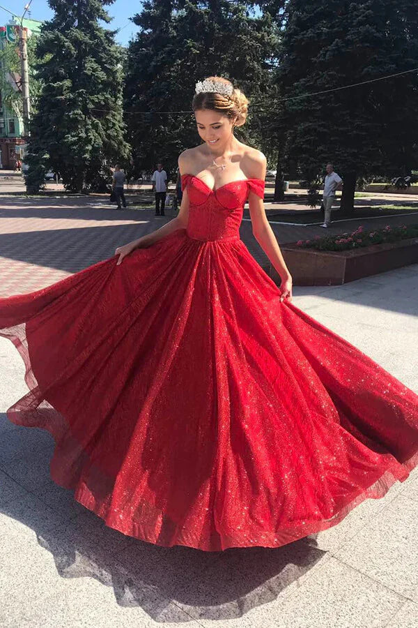 A-line Off Shoulder Sparkly Tulle Long Prom Dresses Evening Dresses