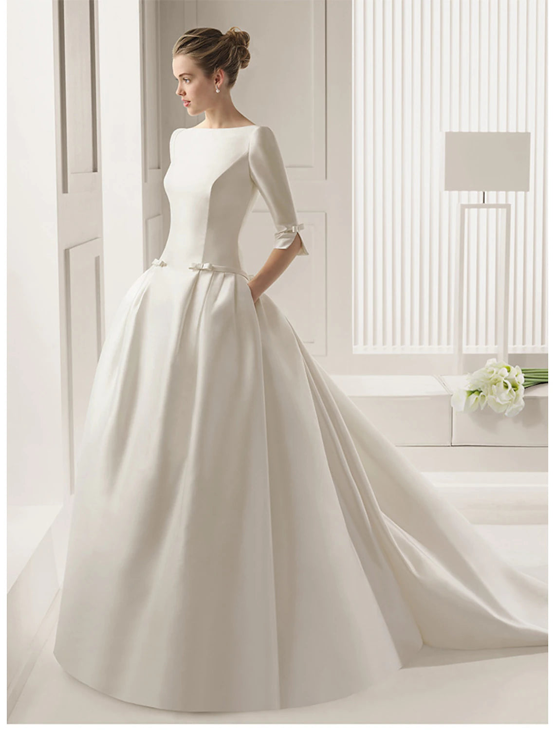 Engagement Formal Wedding Dresses A-Line Scoop Neck Half Sleeve Court Train Satin Bridal Gowns With Bow(s) Pleats