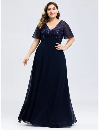 A-Line Empire Party Wear Prom Dress V Neck Short Sleeve Floor Length Tulle with Sequin Appliques