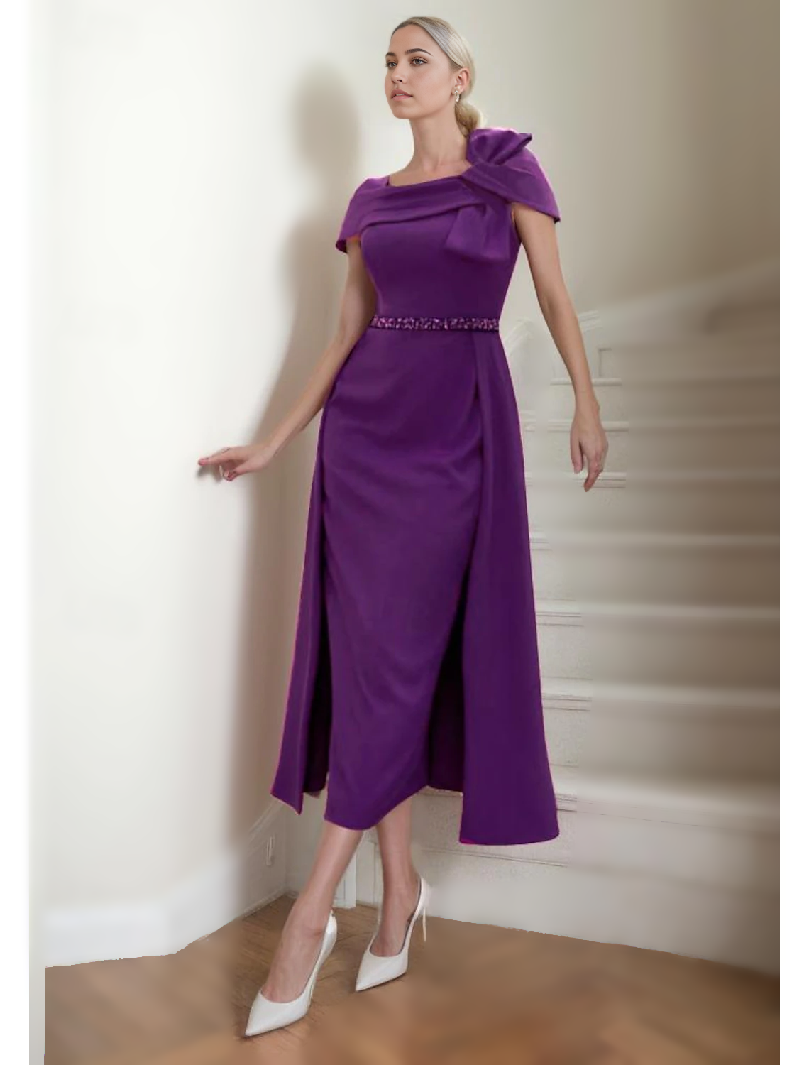Sheath / Column Mother of the Bride Dress Elegant Square Neck Tea Length Stretch Fabric Short Sleeve with Bow(s) Tier Solid Color free custom size