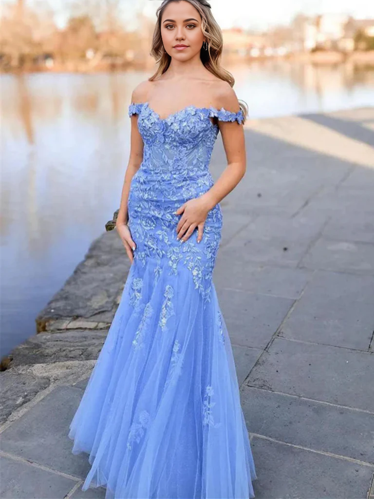 Mermaid Off The Shoulder Blue Lace Long Prom Dresses Formal Evening Dresses