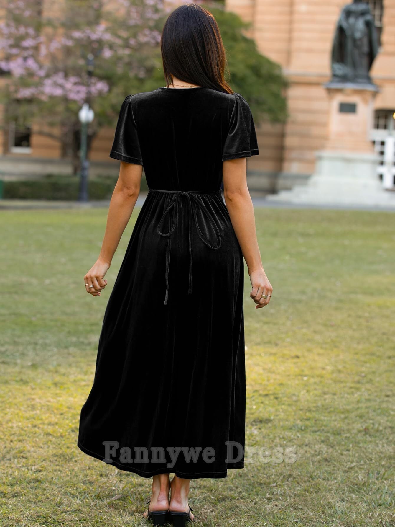 A-line Velvet V Neck Wrap Formal Bell Sleeve Bridesmaid Cocktail Party Long Dresses