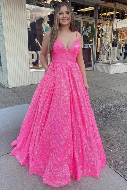 Vestido de fiesta con escote en A, lentejuelas, encaje, tirantes y bolsillos