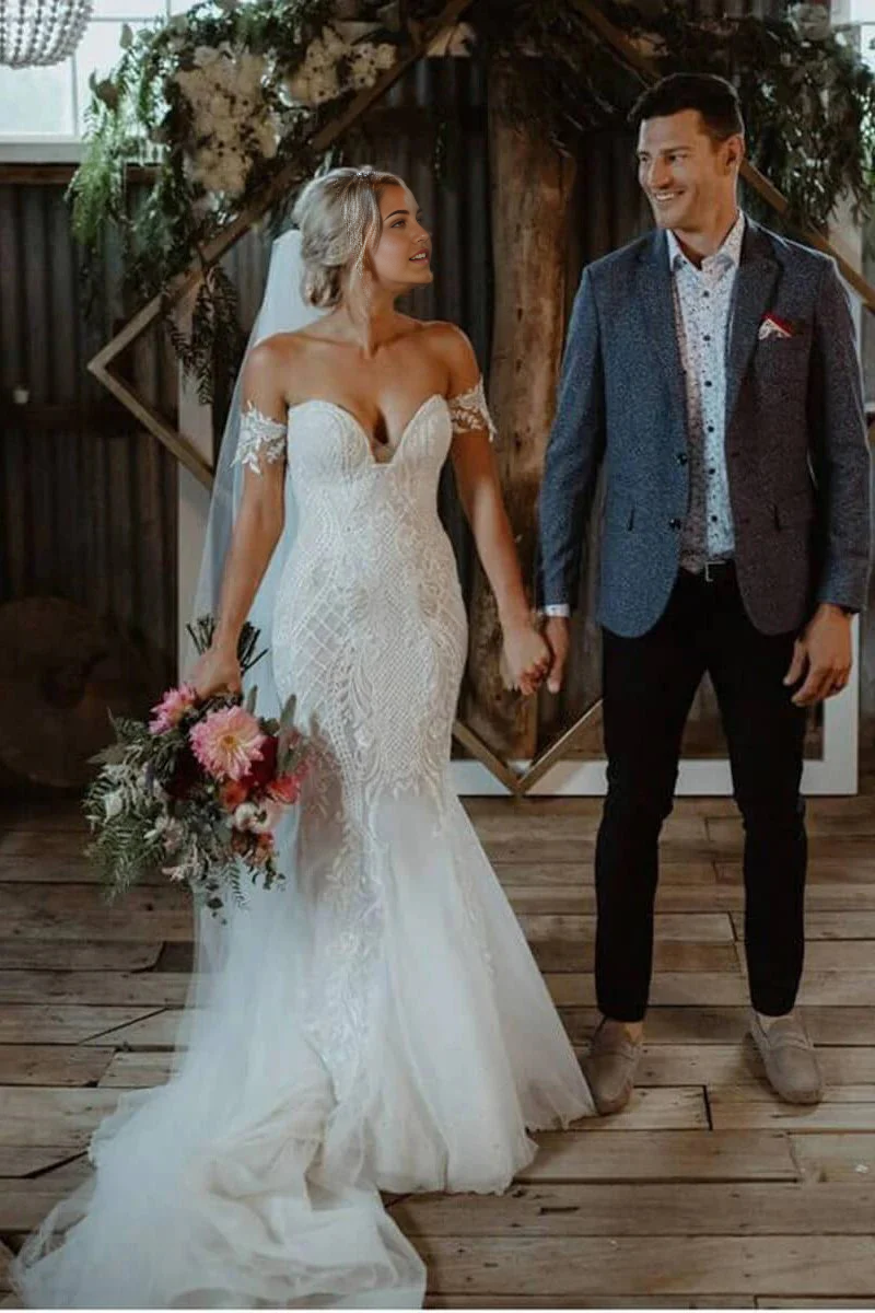 Mermaid V Neck Strapless Lace Appliques Ivory Ball Gown Bridal Dresse Wedding Dresses