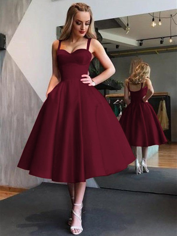 A-Line Straps Satin Sleeveless With Ruffles Tea-Length Dresses