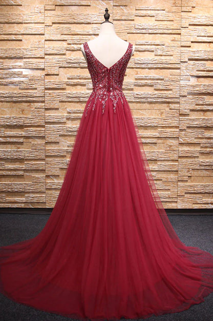V neck beads tulle long prom dress