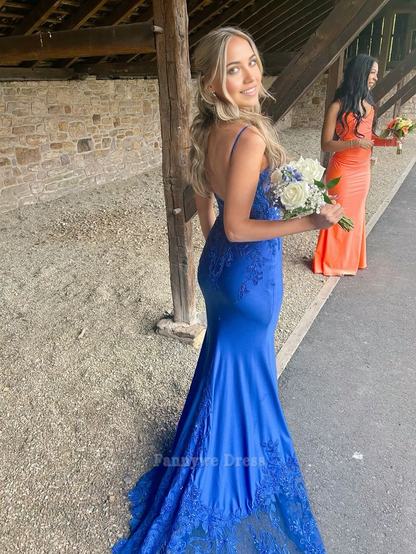 Meerjungfrau Spaghettiträger Satin Königsblau Lange Abendkleider Brautjungfernkleider Abendkleid Ballkleid 