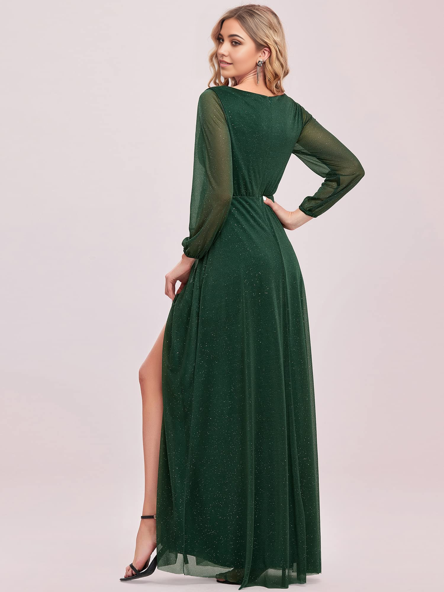 A Line V-Neck Long Sleeve evening gown formal dress Prom Dresses With Slit
