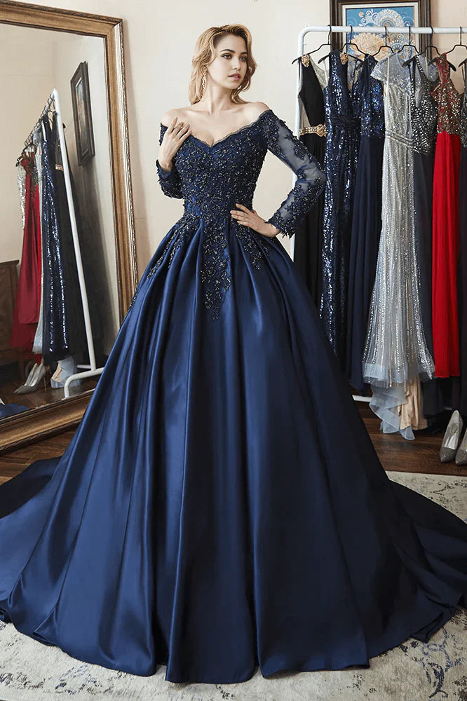 A-line Off Shoulder Long Sleeves Beaded Navy Blue Ball Gown Prom Dress