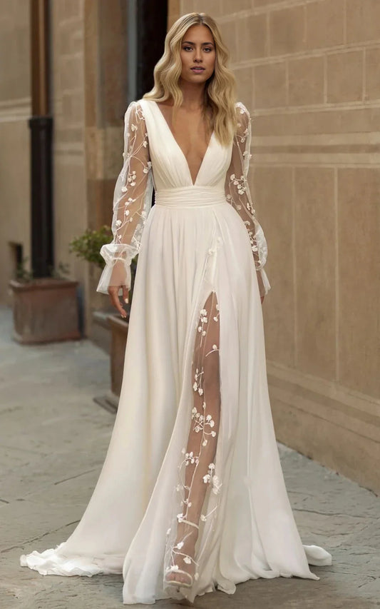 A-Line Boho Long Sleeve Flowy Wedding Dress Lace V-Neck Beach Gown with Split Front and Sweep Train