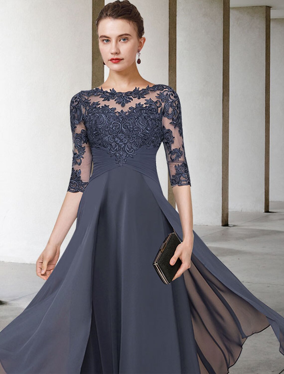 A-Line Mother of the Bride Dress Elegant Jewel Neck Ankle Length Chiffon Lace Short Sleeve with Ruched Appliques