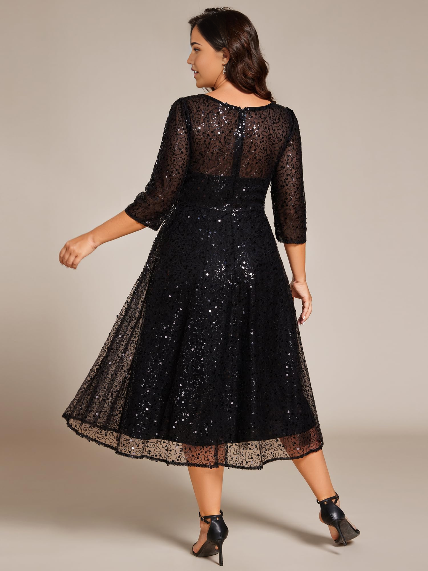 Vestido de noche formal con lentejuelas, talla grande, corte A, mangas 3/4, vestidos de fiesta 